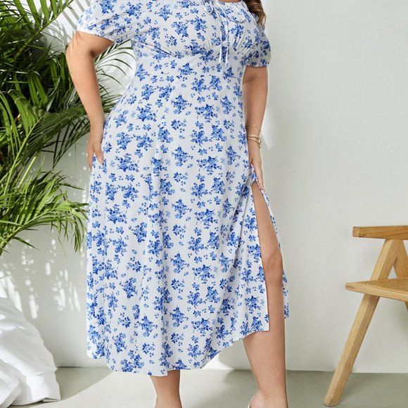 Plus Boho Dress, Floral Print Puff Sleeve Knot Front Split Thigh Dress - Picture 6 of 7